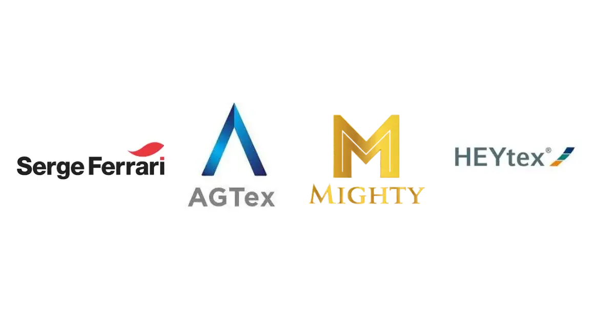 Logo material kanopi membran Serge Ferrari, Agtex, Mighty, dan Heytex