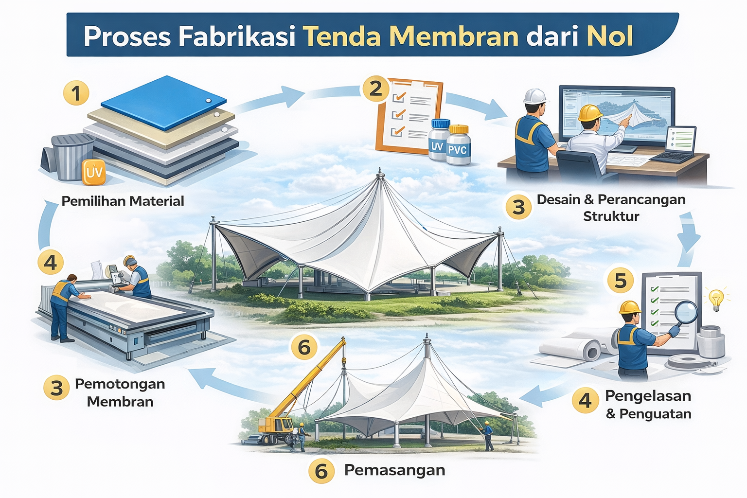 Tahapan Fabrikasi Tenda Membran Profesional